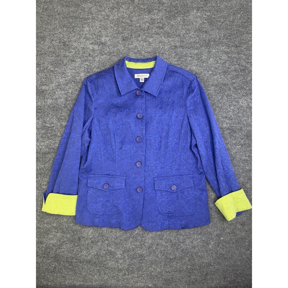 Coldwater Creek Jacket Womens Size 16 Blue Jacquard Jacket Green Contrast Cuff